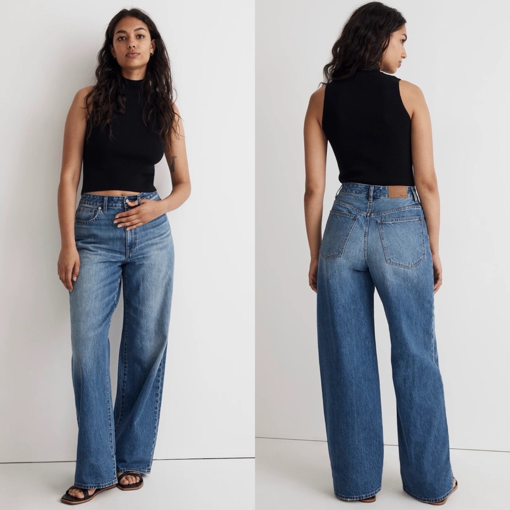 Hemmed 1” GUC Madewell Curvy Superwide-Leg Jeans, Fannin Wash, Size 26
